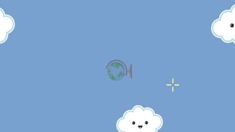 Animation-Des-Globus-über-Wolken-Auf-Blauem-Hintergrund