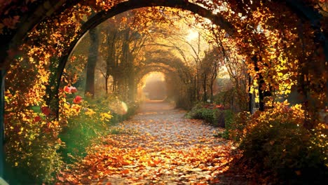 a walkway in the middle of a park covered in leaves and flowers