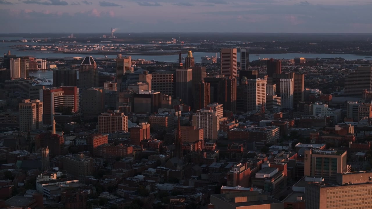 Aerial view of skyscrapers in Downtown Baltimore. Shot at sunset.
