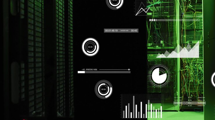 Graphs and charts processing data over green computer servers in dark server room