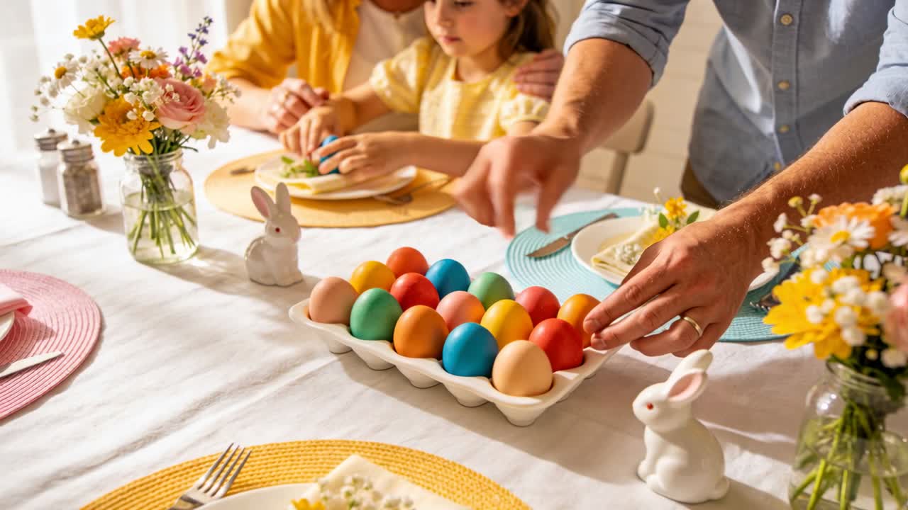 Reaching parent in blue shirt preparing eggs at home table, yellow-top child decorating blue egg
