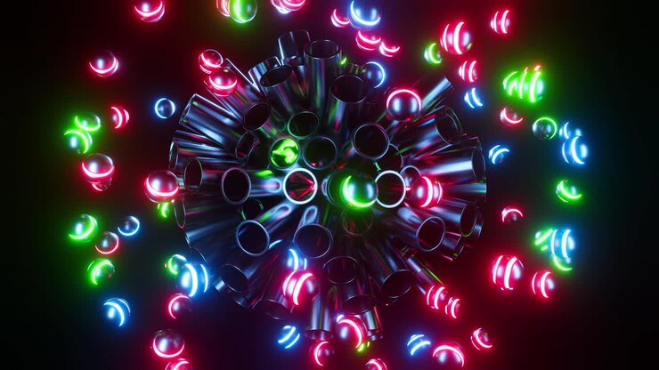 Esferas de néon multicoloridas saltam de tubos de metal. Animação em loop infinito