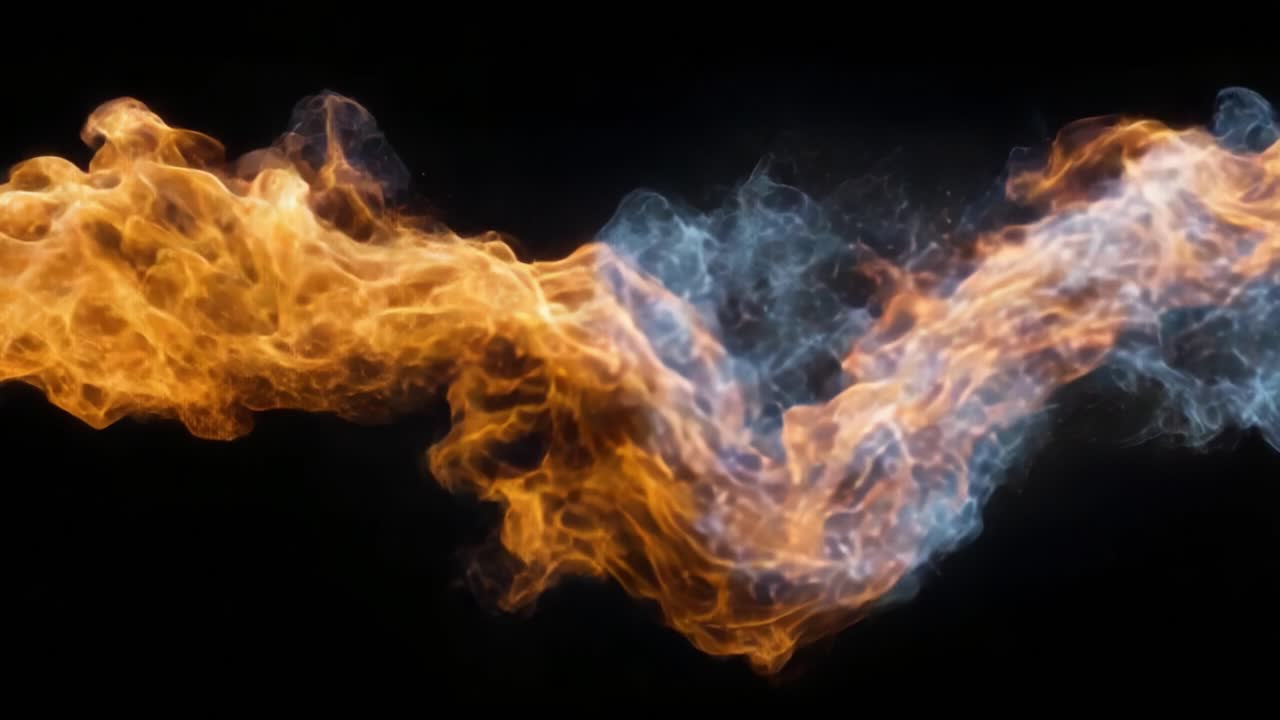 Rappresentazione dinamica di fuoco e fumo: Una drammatica rappresentazione visiva di fiamme tremolanti intrecciate con volute di fumo etereo su uno sfondo nero.
