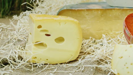 trozos de queso de diferentes variedades bellamente alineados en el escaparate