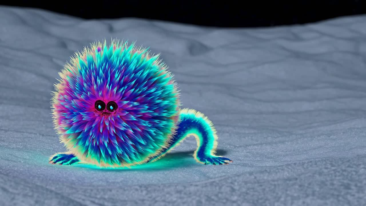 Colorful Fluffy Ball Creature on a Textured Surface