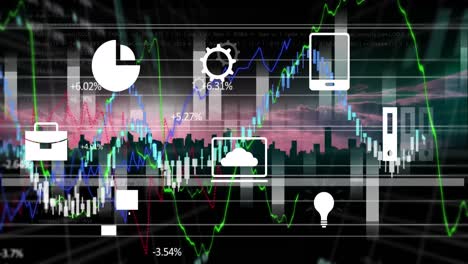 Animation-of-icons-and-financial-data-processing-over-cityscape