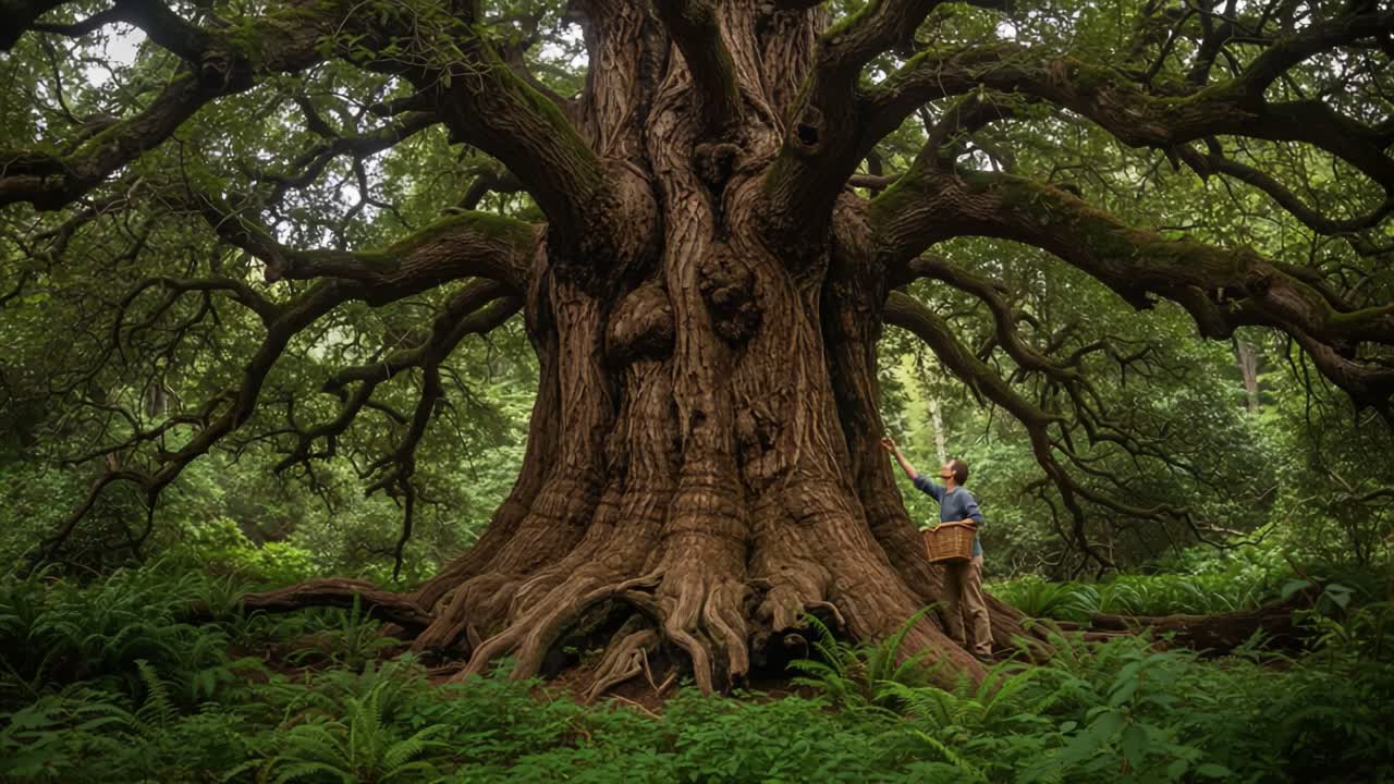 A person standing beside an ancient, sprawling tree in a lush forest, carefully examining its texture while holding a woven basket, showcasing nature's grandeur and serenity