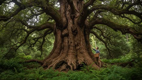 a person standing beside an ancient, sprawling tree in a lush forest, carefully examining its texture while holding a woven basket, showcasing nature's grandeur and serenity
