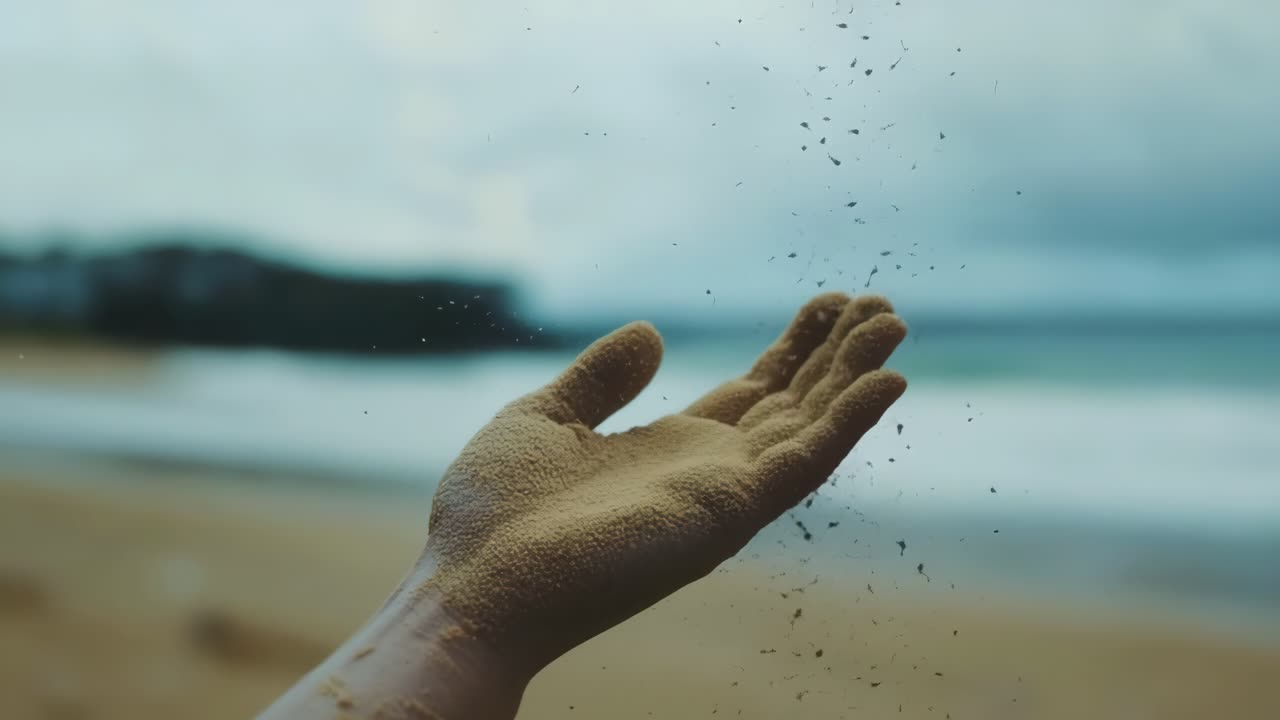 Close-up of a hand releasing sand against a blurred beach backdrop