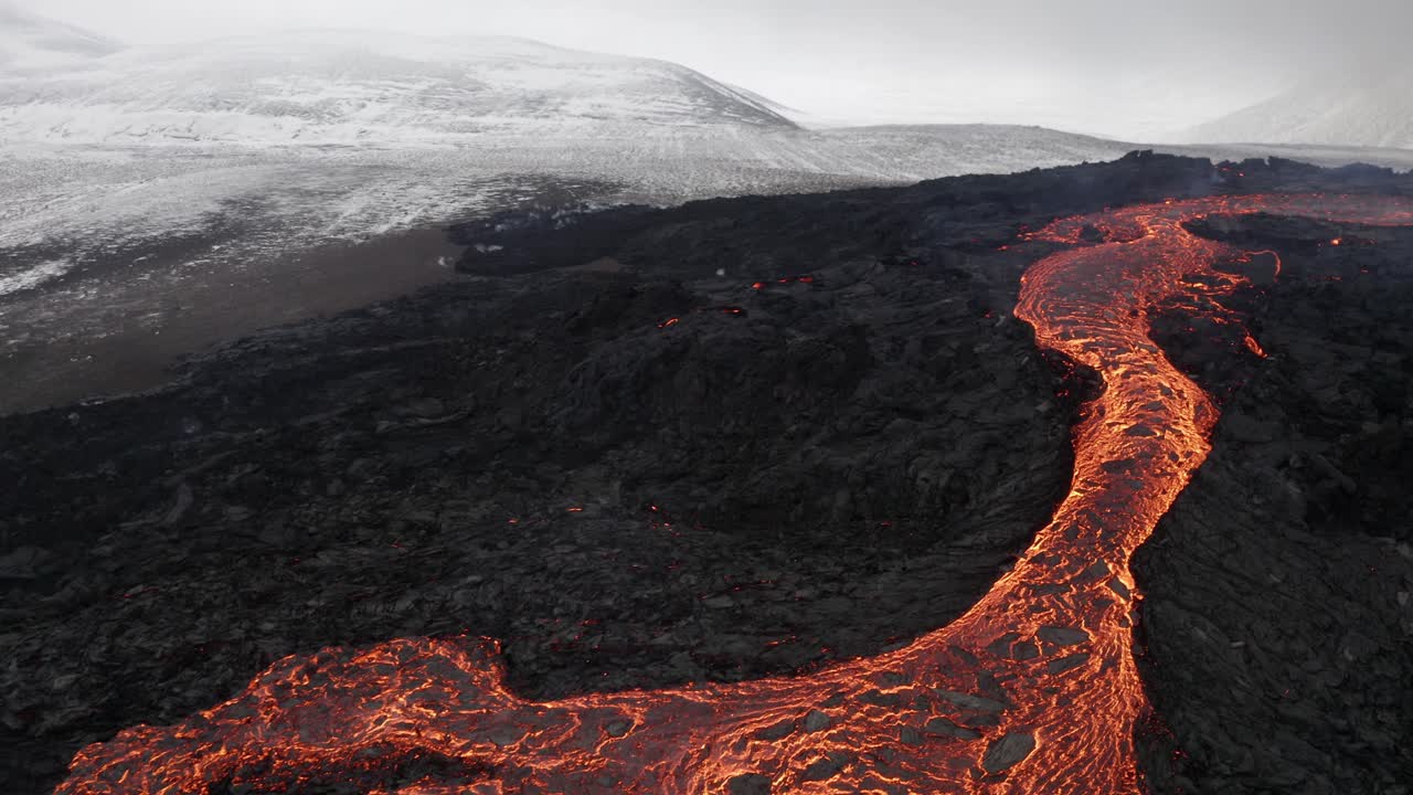 Lava Flow from Volcano in Winter Landscape
