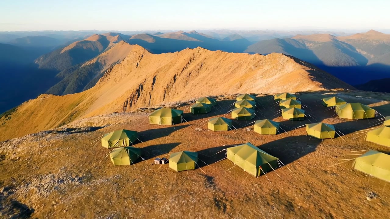 Aerial view of green tents arranged along a rocky mountain ridge in warm sunrise light, with long shadows and distant layered peaks creating a peaceful