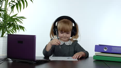 online learning, distance education, lesson at home. girl doing school program online on computer