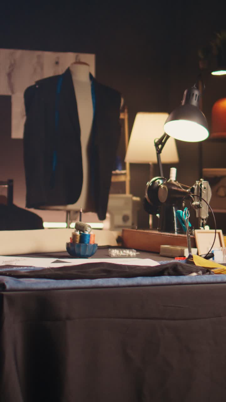 Video verticale Atelier di sartoria vuoto con strumenti da cucito