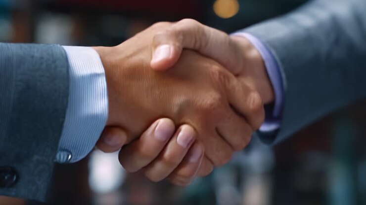 Gesto di stretta di mano che simboleggia l'accordo e la collaborazione tra due persone in un contesto aziendale, che dimostra professionalità e comprensione reciproca