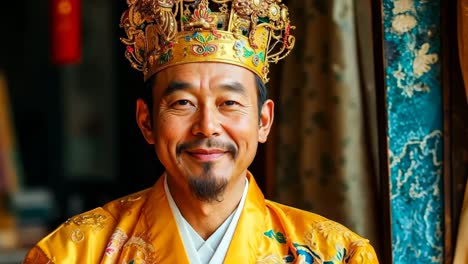 a man wearing a gold crown smiles at the camera