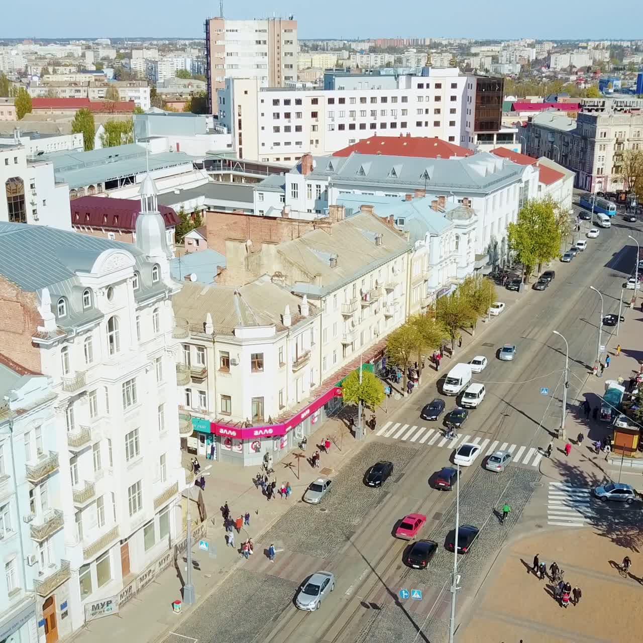 Overhead view of people in city