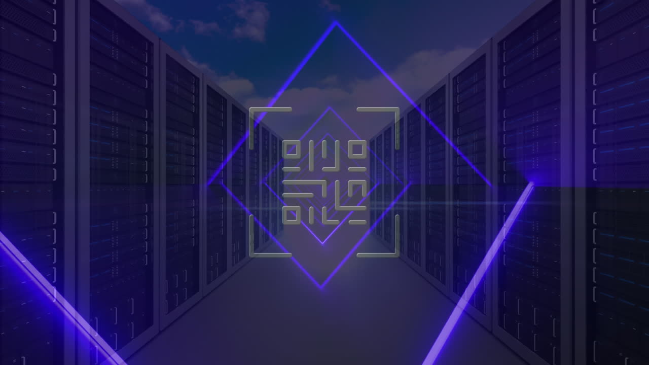 escáner de código qr con elementos de neón contra servidores de computadoras en el cielo