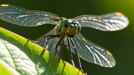 close-up of a green dragonfly on a leaf