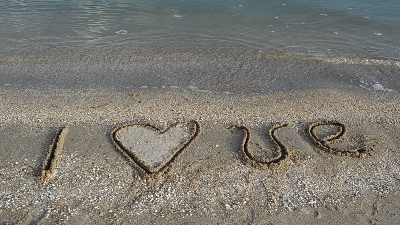 Inscription on sand. I love. Shooting on the beach