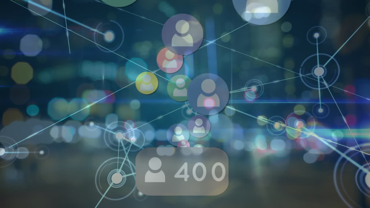 Animazione di rete di connessioni con icone digitali su sfondo di luci della città