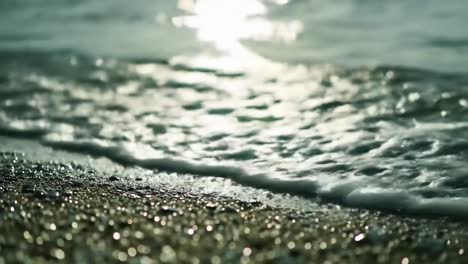 a serene shoreline: capturing the gentle lapping of waves and sparkling sand under the radiant sunlight at the water's edge