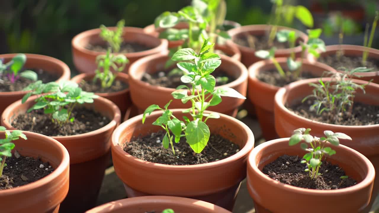 Uma exuberante exibição de vasos de plantas verdes mostrando um crescimento vibrante em pequenos recipientes de terracota sob luz natural suave