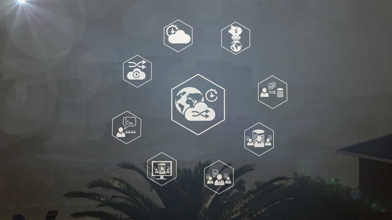 animación de puntos de luz e iconos digitales girando contra la vista aérea del paisaje urbano