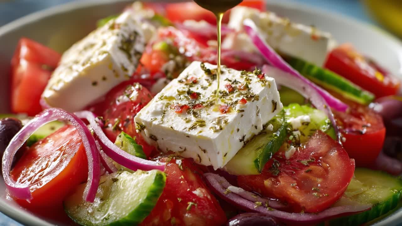A Colorful Greek Salad Featuring Fresh Tomatoes, Cucumbers, Onions, and Feta Cheese with a Sprinkle of Herbs and Olive Oil