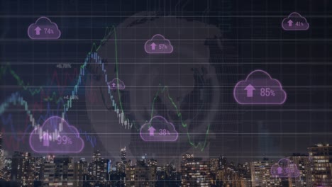 Animation-Von-Diagrammen,-Wolkensymbolen-Und-Datenverarbeitung-über-Dem-Globus-Und-Dem-Nächtlichen-Stadtbild