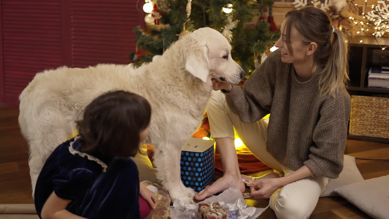 Mother and daughter stroking dog together in the New Year's interior