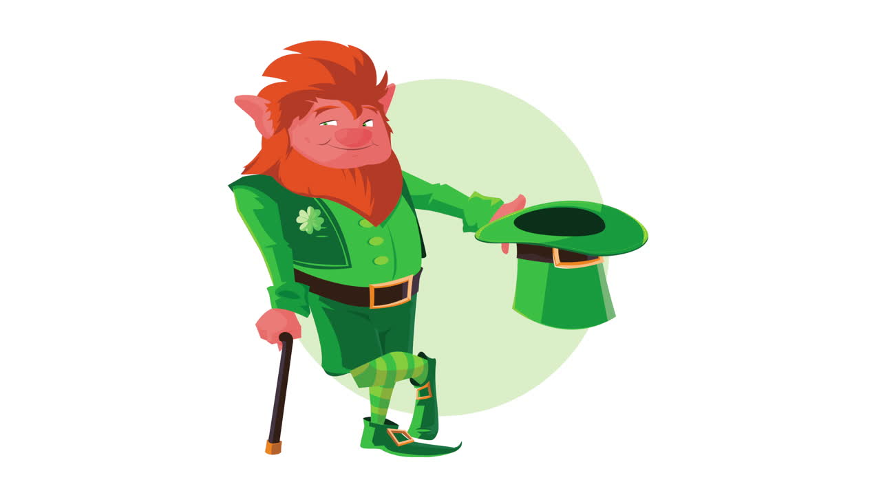 animazione di happy saint patrick's day con personaggio leprechaun che solleva il cappello
