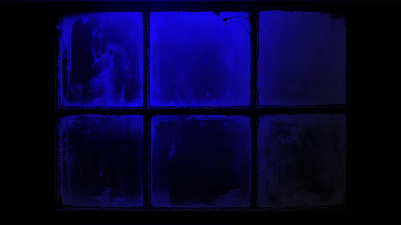 Police car lights flashing red and blue outside dirty window at night. Crime scene or emergency concept for film