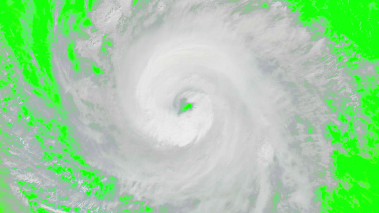 초록색 화면을 배경으로 회전하는 허리케인의 눈 위의 위성 뷰 크로마 키 배경 - 원활한 루핑