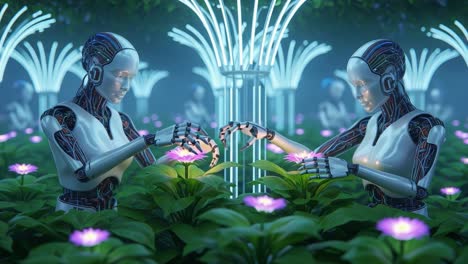exploring the harmony between robotics and nature: two robots engaging with luminescent flowers in a futuristic, bioluminescent garden setting