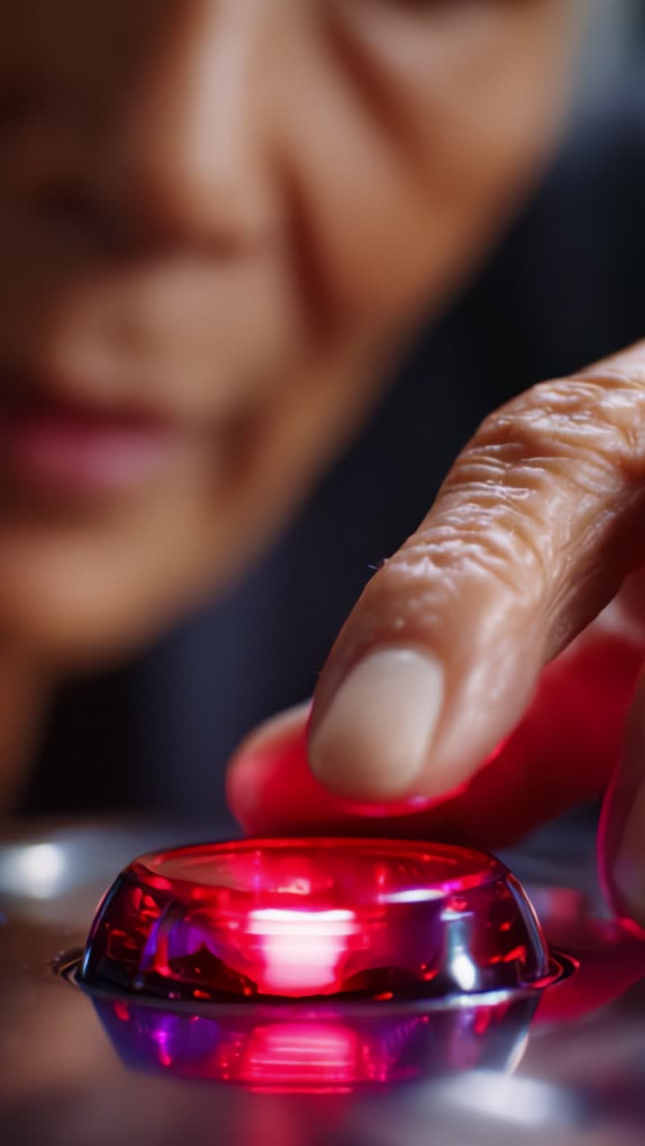 A Focused Finger Presses a Glowing Button, Symbolizing Action and Anticipation: Engaging Technology with a Bright Red Light in Close-Up View