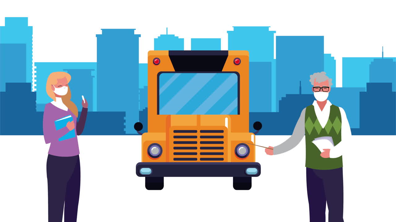 코로나19를 막기 위해 의료 마스크를 착용한 교사와 버스