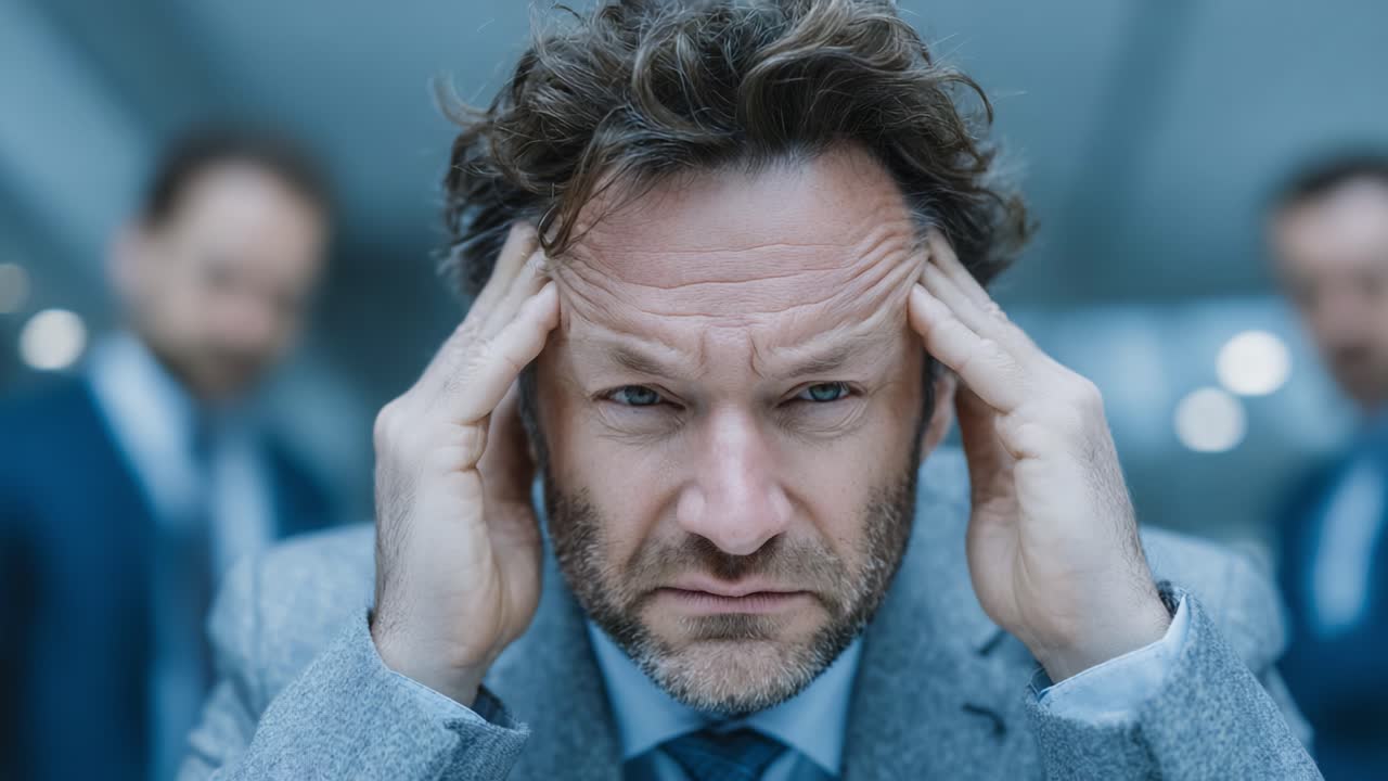 A Distressed Businessman in a Gray Suit Shows Signs of Stress and Pressure, Confronted by Other Men in a Blurred Background, Capturing Workplace Tension