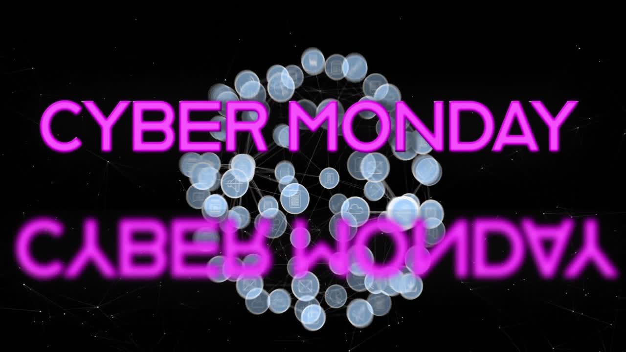 어두운 배경에서 데이터 처리에 대한 연결 네트워크를 통해 사이버 월요일 텍스트의 애니메이션.