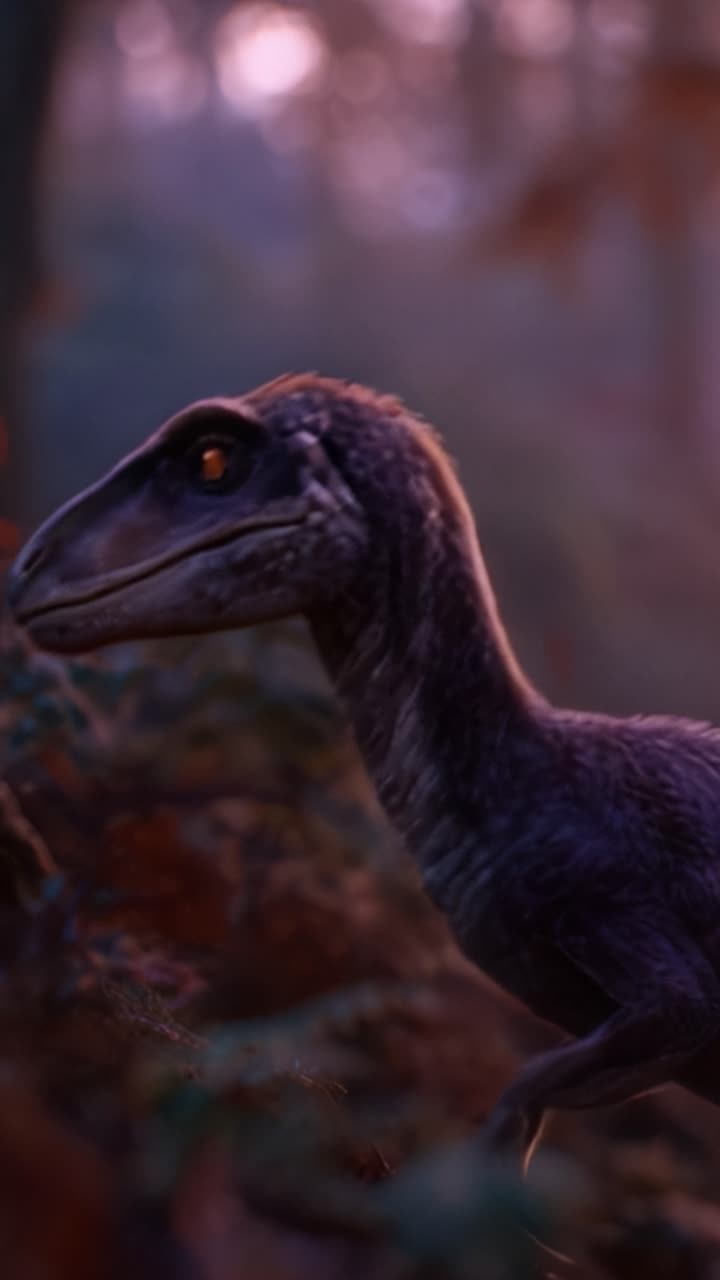 En majestetisk dinosaur i en fortryllende skogsetting, som viser sine detaljerte trekk og fengslende blikk mot et bakteppe av rike farger og myk belysning