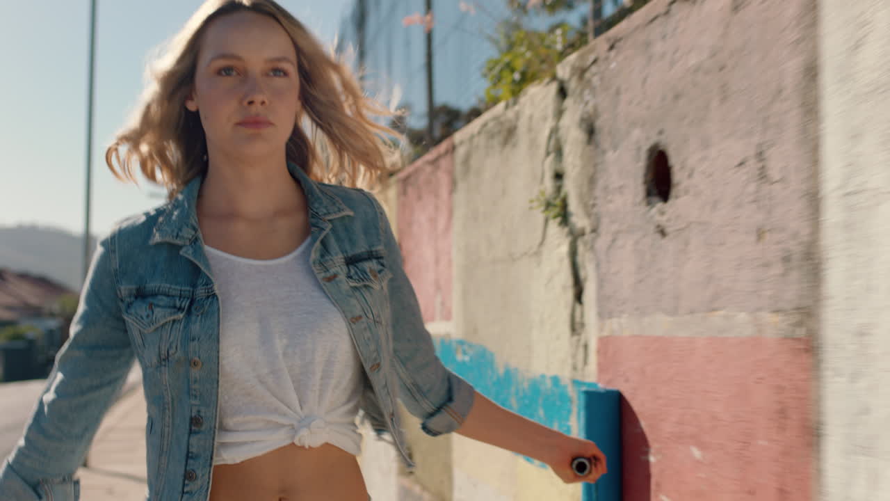 mujer sexy pintando pared con pintura azul caminando por la calle de la ciudad artista femenina independiente disfrutando de la expresión artística con el arte de graffiti urbano