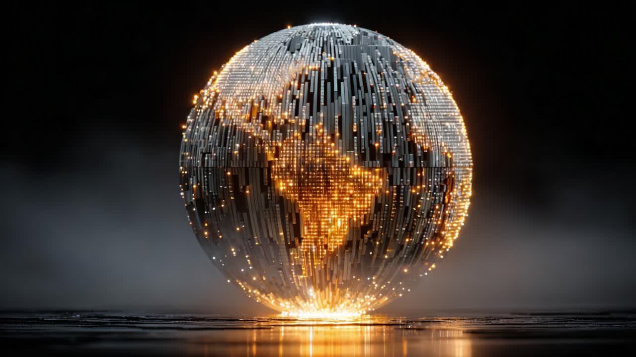 Stylized planet Earth made of metallic pillars rotating slowly on a dark, reflective surface, with continents glowing with golden light, representing global data, communication, and technology