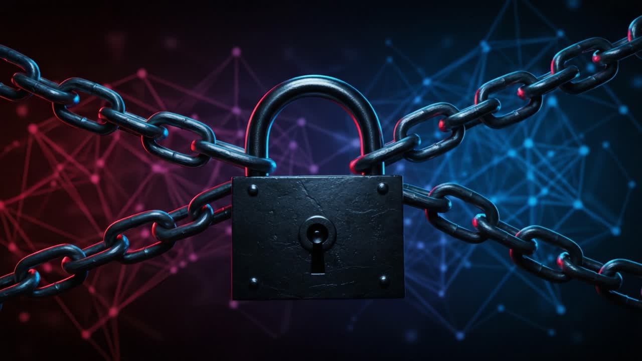 A Secure Lock and Heavy Chains Symbolizing Protection Against Cyber Threats in a Digital Landscape of Interconnected Networks and Data Security