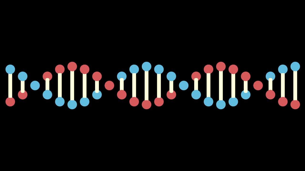 animación 2d de adn en un fondo negro. el objeto es horizontal. 60fps