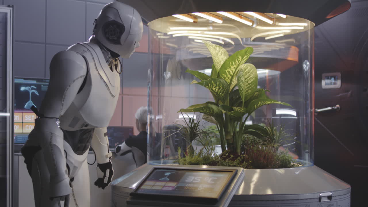 robot cuidando una planta en un laboratorio futurista