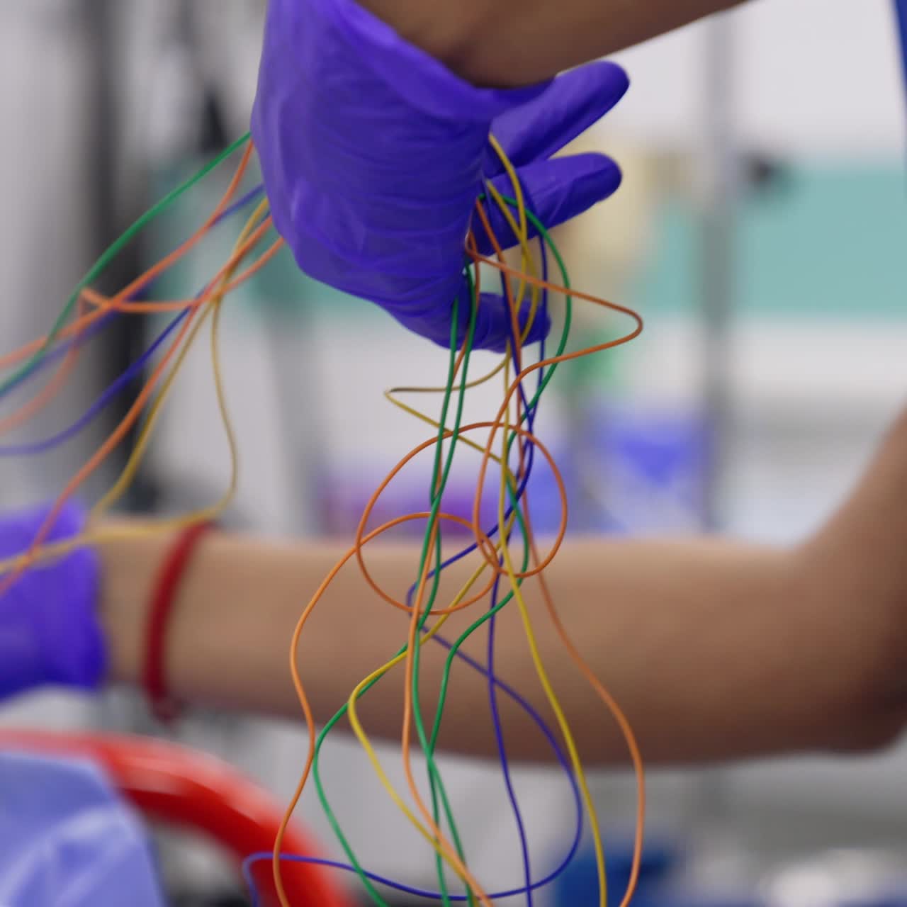 Gloved hands of doctor hold a few colorful thin wires. Medic attaches the equipment for neuromonitoring to a patient's head. Close up