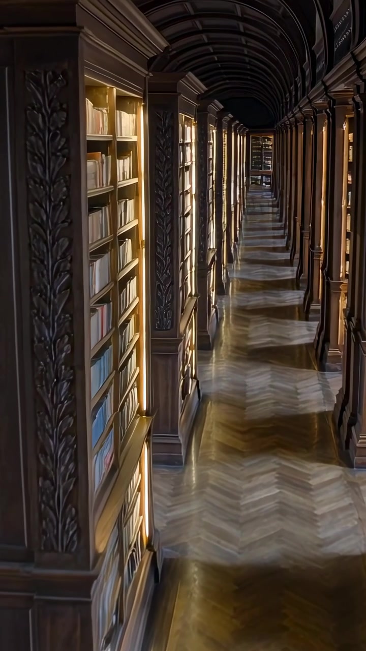 Vertical video: Moving camera revealing carved shelf column and lit book bays in library gallery