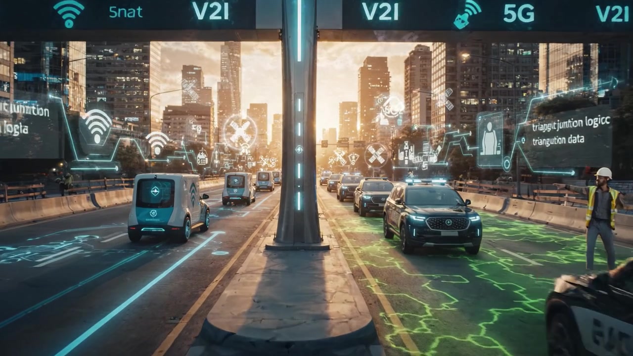 Futuristic Urban Intersection Featuring V2X Technology, 5G Connectivity, and Smart Vehicles in a Cityscape at Sunset, Showcasing Advanced Traffic Management Systems