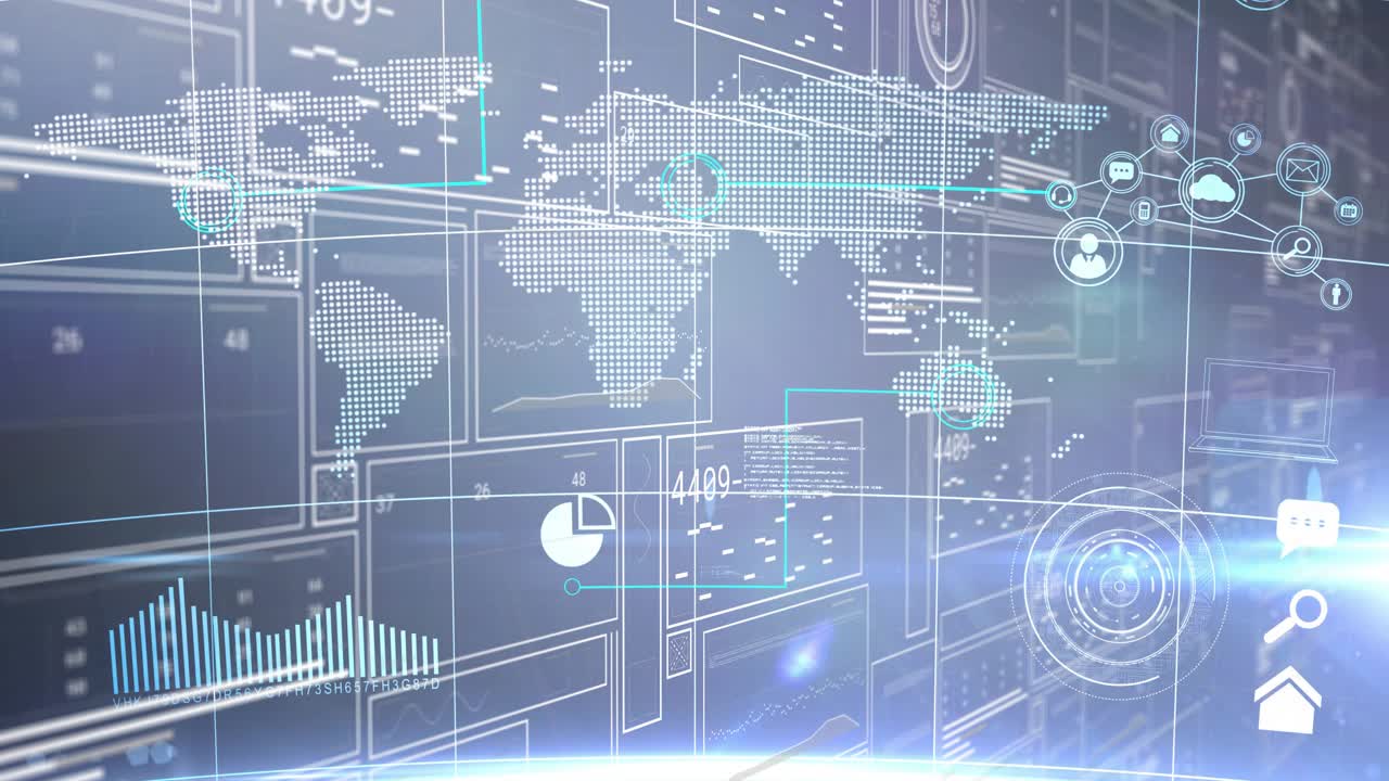 Upon opening revealing holographic map interface updating panels showing network data flow