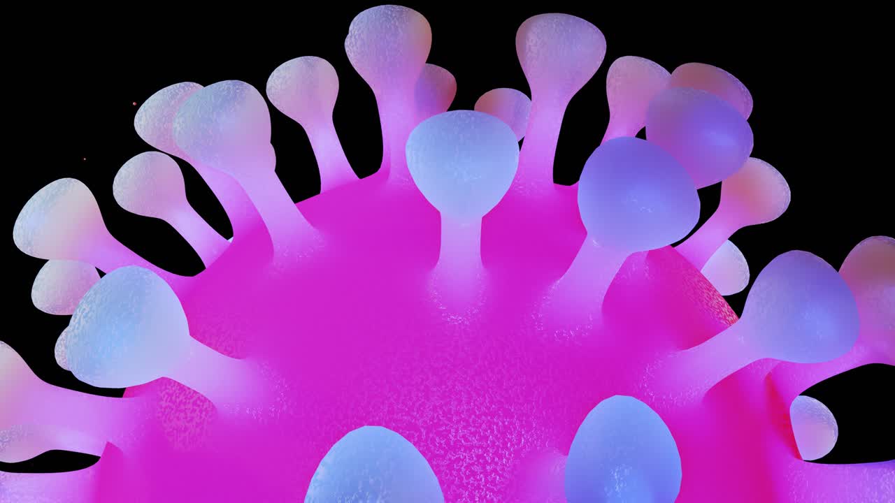 close-up coronavirus type covid-19, h1n1, bird flu or swine flu move smoothly in fluid 3d representation of virus as microbiological microscopic looped background.