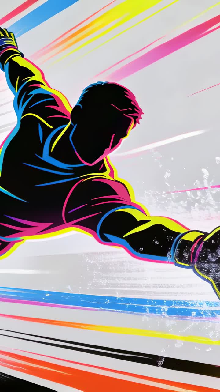 Vertical video: Diving athlete moving right in neon backdrop, reacting to splash near gloved hand